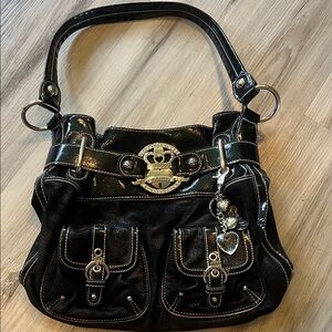 Kathy Van Zeeland Black Patent Trim Shoulder Bag with Heart Charm